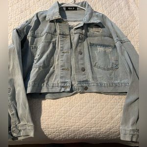 Oversized Denim jacket with fringe rhinestone and distressing Size m/L Worn once